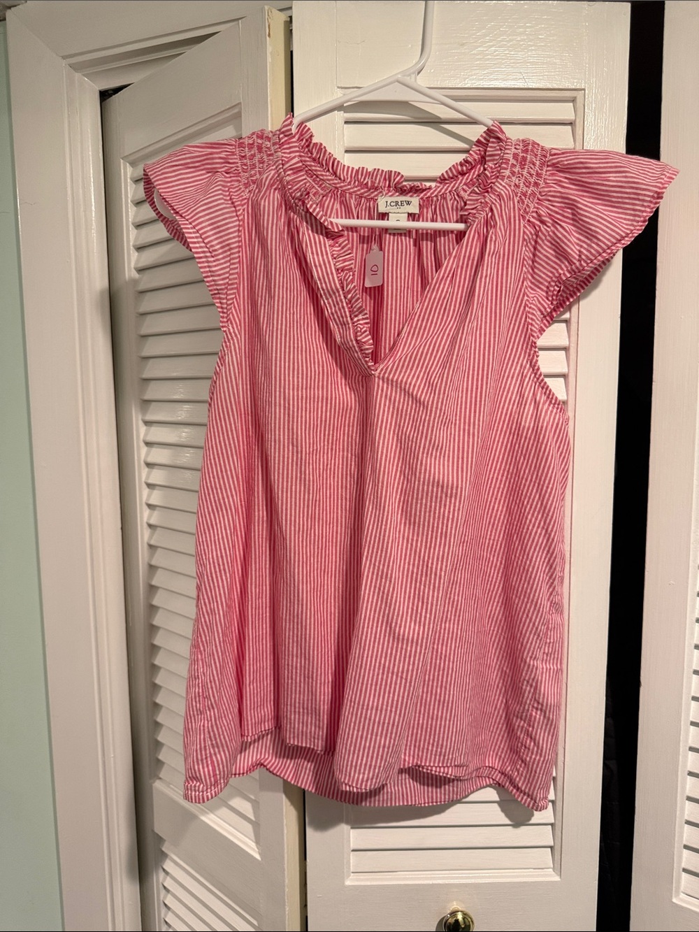 J. Crew Pink Pinstripe Flutter Sleeve Blouse